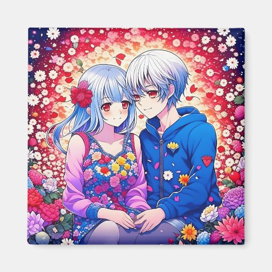 Schattige Anime Paar, Bloemen en Harten Magneet (Voorkant)