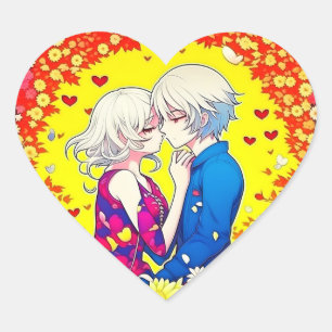 Schattige Anime Paar, Harten en Bloemen Hart Sticker