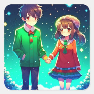 Schattige anime paar houden handen gepersonaliseer vierkante sticker