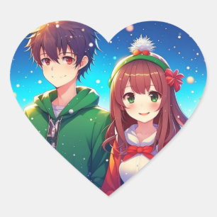 Schattige anime paar Vrolijk kerstfeest Hart Sticker