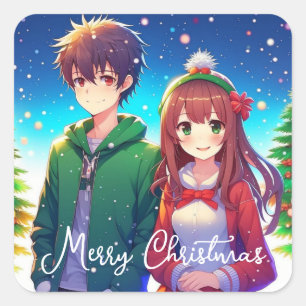 Schattige anime paar Vrolijk kerstfeest Vierkante Sticker