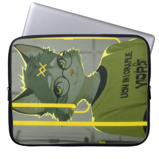 Schattige Animekat met Bril Limegroene Grafische V Laptop Sleeve