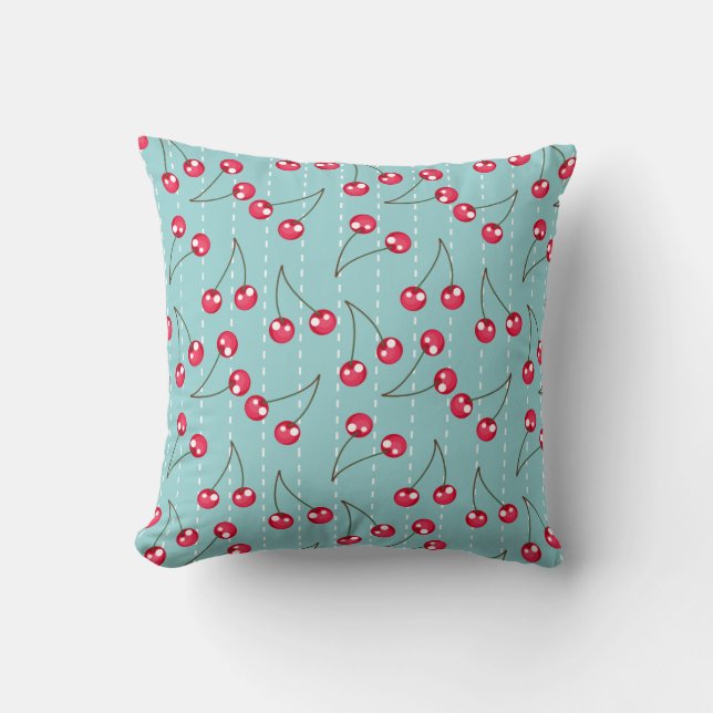 Schattige Aqua Blue en Red Cherries Pattern Kussen (Voorkant)