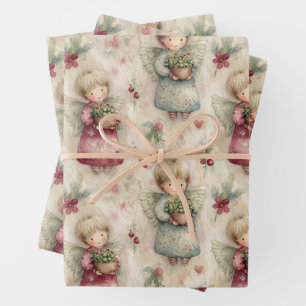 Schattige Aquarel Engel Kerst Potplant Bloemen Inpakpapier Vel