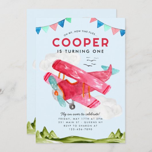 Schattige Aquarel Luchtvaart Lucht Rode Vliegtuig Kaart (Voorkant / Achterkant)