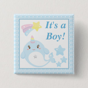 Schattige aquarel Narwal Baby Shower Het is een jo Vierkante Button 5,1 Cm