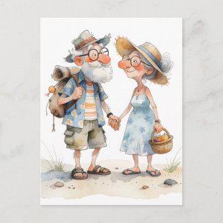 Schattige Aquarel Oudere Koppel Kunstwerk Briefkaart