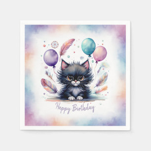 Schattige Aquarel Zwarte Kitten Ballonnen Verjaard Servet