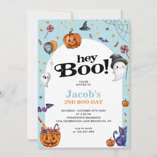 Schattige Arch Blue Hey Boo Halloween Kids Verjaar Kaart (Voorkant)