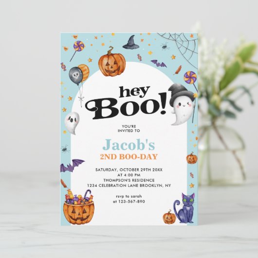 Schattige Arch Blue Hey Boo Halloween Kids Verjaar Kaart (Staand voorkant)