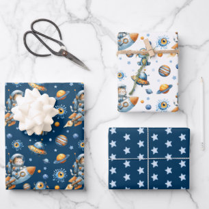 Schattige Astronaut Kat Galaxy Patroon Navy Blauwe Inpakpapier Vel