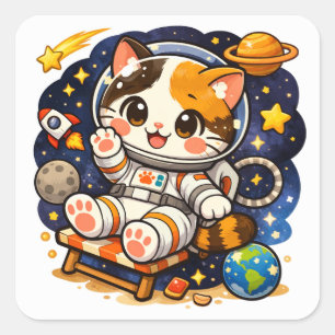 Schattige Astronaut Kat   Ruimtekatterillustratie Vierkante Sticker