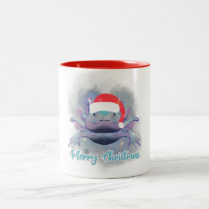 Schattige Axolotl met Rode Kerstman Hoed Tweekleurige Koffiemok