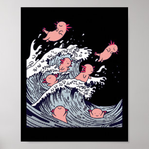 Schattige Axolotls surfen op golf, grappige Japans Poster