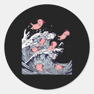 Schattige Axolotls surfen op golven , Grappige Jap Ronde Sticker