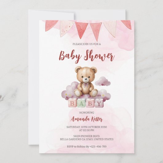 Schattige Baby Beer Waterverf Baby shower Uitnodig Kaart (Voorkant)