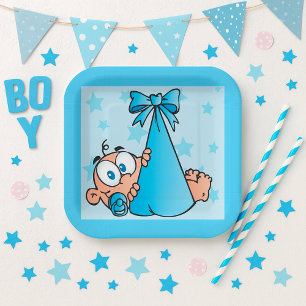 Schattige Baby Boy met Fopspeen in een Sling Papieren Bordje