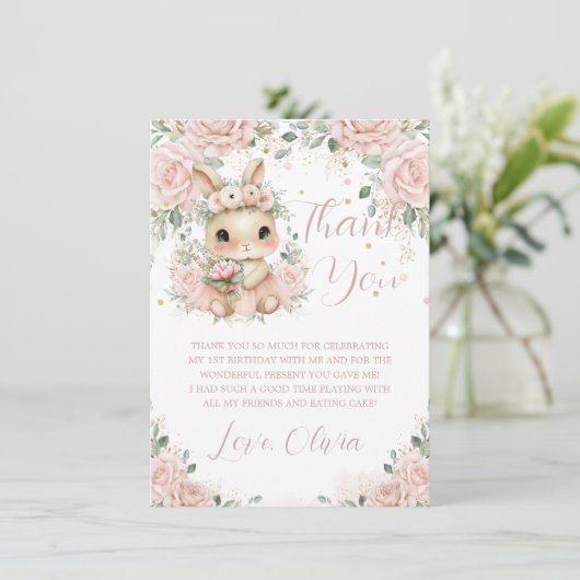 Schattige Baby Bunny Rabbit Blush 1e 2e verjaardag Bedankkaart (Staand voorkant)