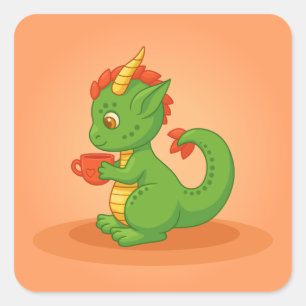 Schattige baby-draak houdt kopje vast op oranje vierkante sticker
