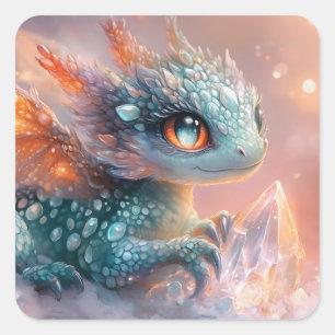 Schattige Baby Dragon met Crystal Gem: Fantasy Art Vierkante Sticker