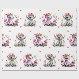 Schattige Baby Draken & Harten op Witte Valentijn Cadeaupapier