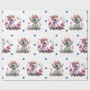 Schattige Baby Draken & Sneeuwvlokken op Wit Cadeaupapier