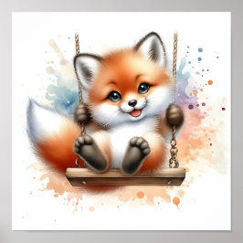 Schattige Baby Fox op een Swing Waterverf Nursery Poster