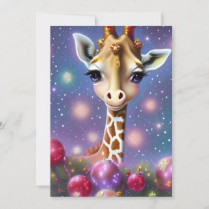 Schattige baby-giraffe met hulst en glitters feestdagenkaart