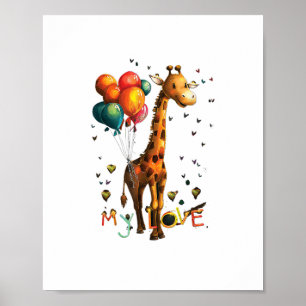 Schattige baby-giraffe met kleurrijke ballonnen en poster