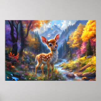 Schattige Baby herten in een betoverd bos Poster