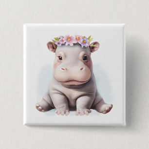 Schattige Baby Hippopotamus Vierkante Button 5,1 Cm