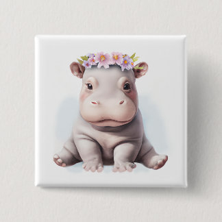 Schattige Baby Hippopotamus Vierkante Button 5,1 Cm