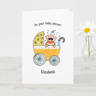 Schattige baby in kinderwagen voor je babyshower kaart