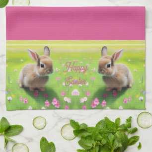 Schattige baby konijn in een bloemenweide, Pasen Theedoek