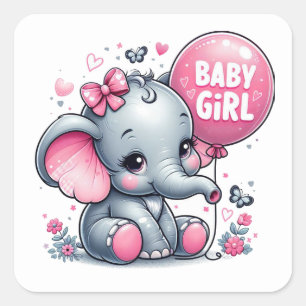 Schattige Baby Meisje Olifant met Bloemen, Harten Vierkante Sticker