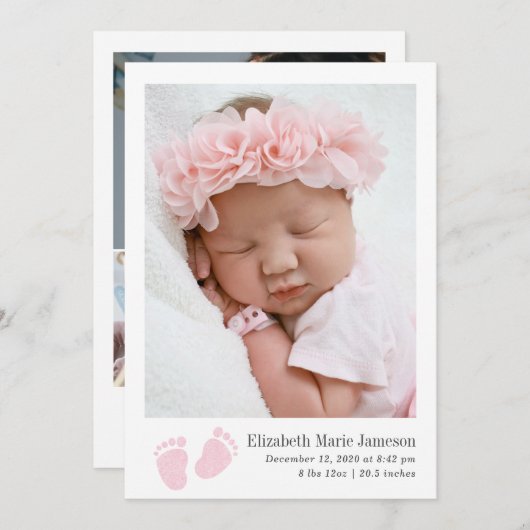 Schattige Baby Meisje Roze Pasgeboren Voetafdruk F Aankondiging (Voorkant / Achterkant)