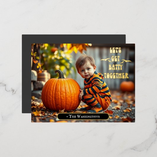 Schattige Baby met Halloween pompoen Folie Uitnodiging Briefkaart (Voorkant / Achterkant)