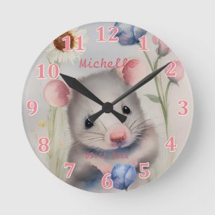 Schattige baby muis pastel waterverf lente bloemen ronde klok
