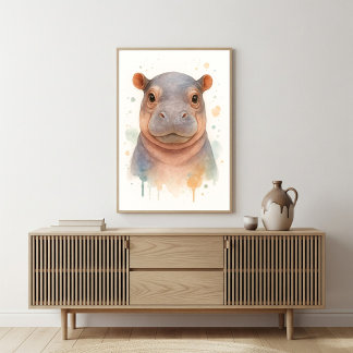 Schattige Baby Nijlpaard Watercolor Kunst Poster