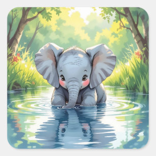 Schattige Baby Olifant en Weerspiegeling Vierkante Sticker