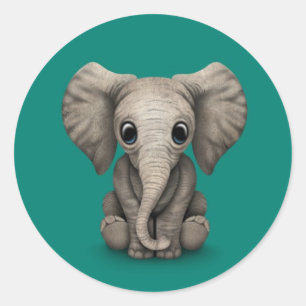 Schattige Baby Olifant Kalf Zittend, Blauwgroen Bl Ronde Sticker