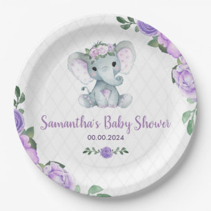 Schattige Baby Olifant Meisje Paarse Bloemen Papie Papieren Bordje