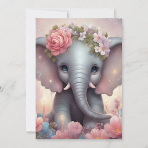 Schattige Baby Olifant met Bloemen Feestdagenkaart