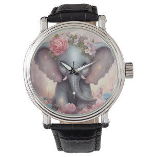 Schattige Baby Olifant met Bloemen Horloge