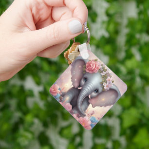 Schattige Baby Olifant met Bloemen Sleutelhanger