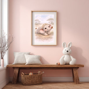 Schattige Baby Olifant & Vlinder Slaapkamer Kinder Poster