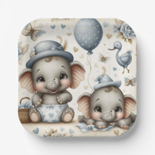 SCHATTIGE BABY OLIFANTEN IN PASTELBLAUW & TAN PAPIEREN BORDJE