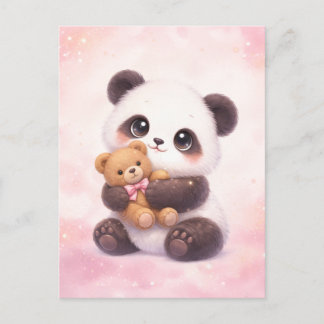 Schattige baby panda die een teddybeer omhelst ans briefkaart