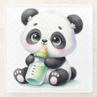 Schattige baby panda met melkfles coaster | Kawaii Glazen Onderzetter