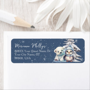 Schattige baby pinguïn en ijsbeer jongen blauw etiket